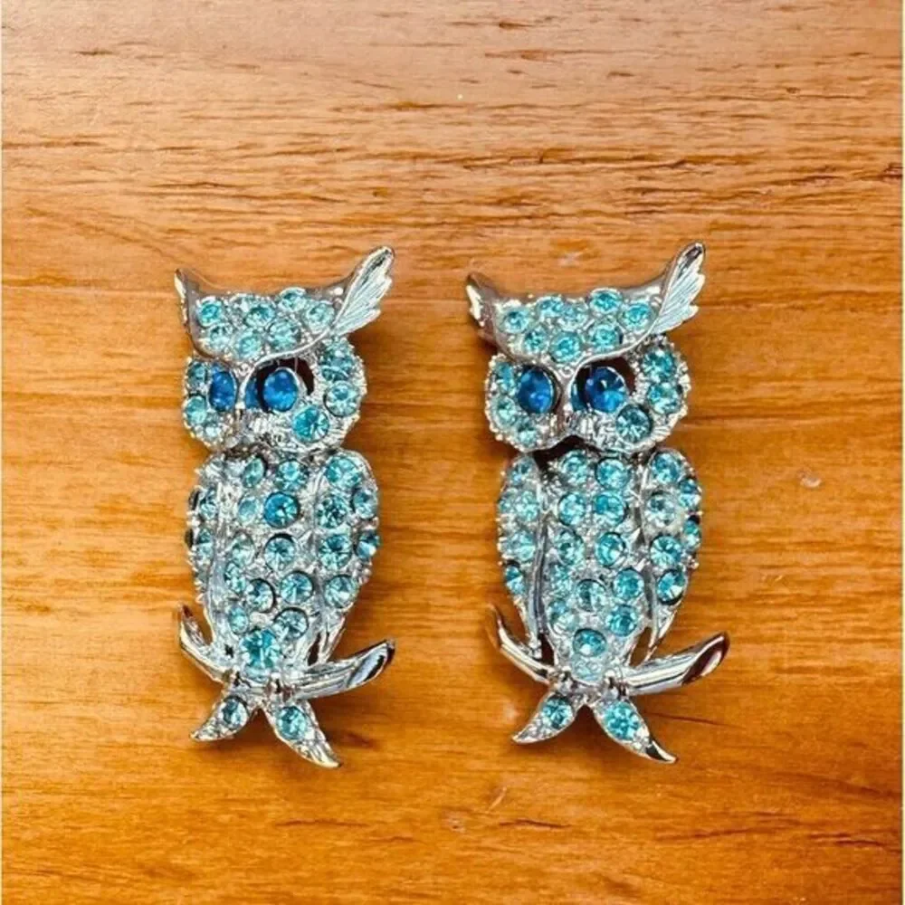 Vintage Silver-tone Baby Blue Rhinestone Owl Pin Brooch Blue Eyes Set‎ Of Two